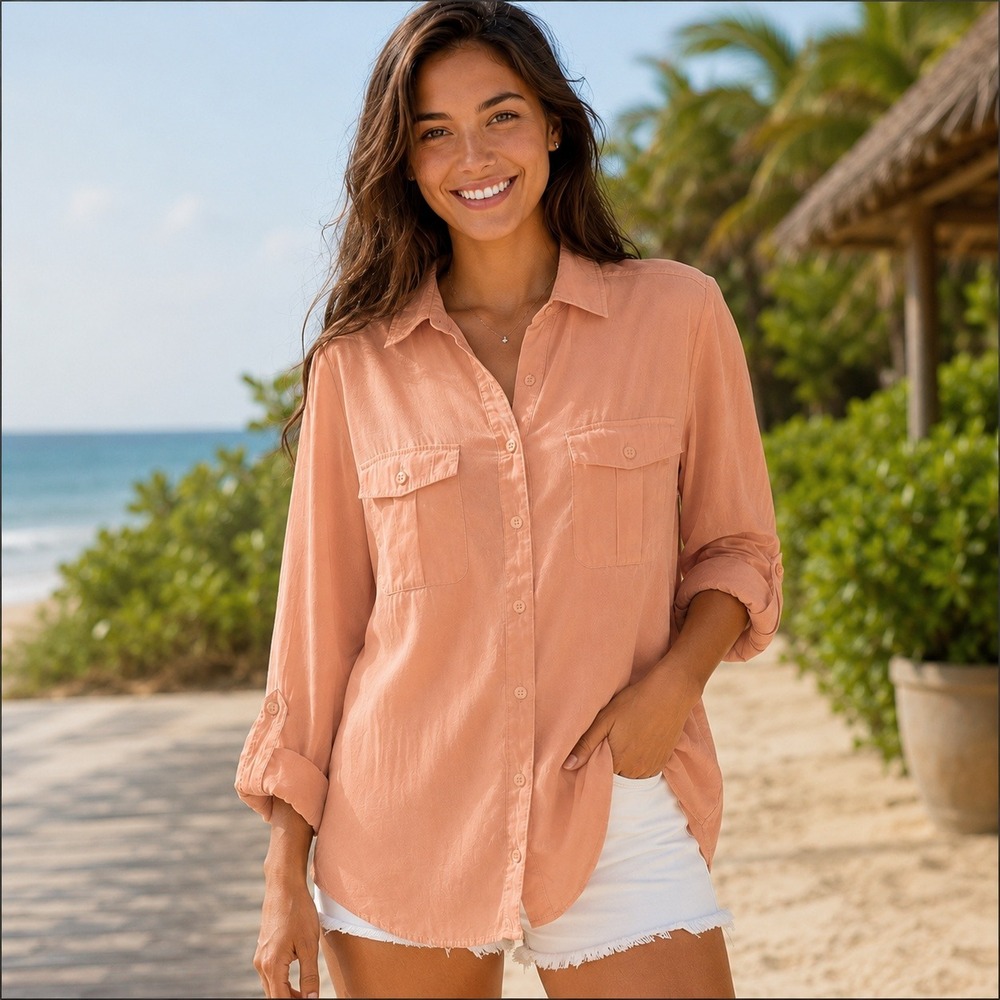 Chicos Womens Peach Modal Blend Roll Tab Sleeve Utility Button Down Shirt Size M
